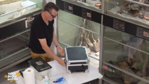 Home 13 Tierarzt öffnet seinen Arztkoffer auf einem Tisch vor den Terrarien